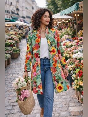 Vintage 80s Retro Della Spiga weekend Floral Sunflower Tapestry Duster Jacket